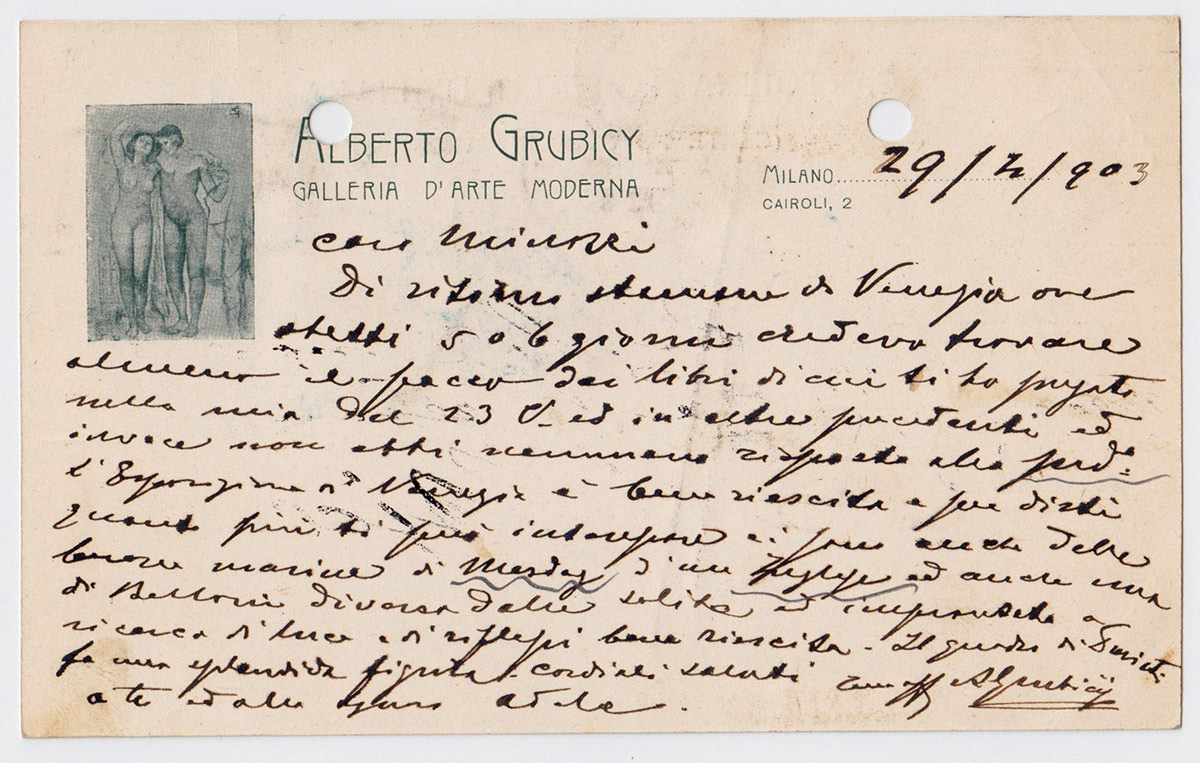 Cartolina postale - Alberto Grubicy a Filiberto Minozzi, Milano, 29 aprile 1903