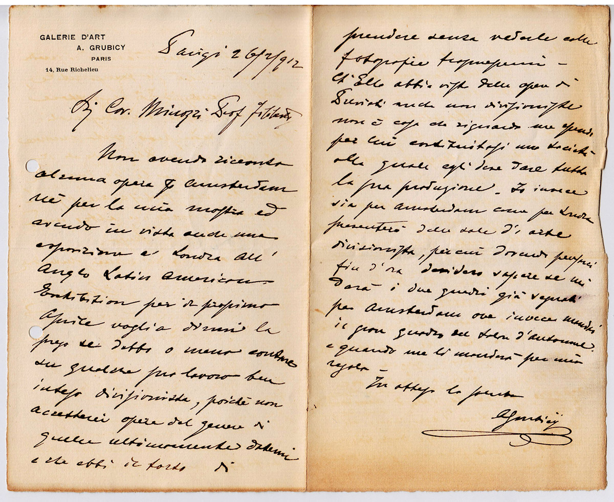 Lettera – Alberto Grubicy a Filiberto Minozzi, Parigi, 26 febbraio 1912