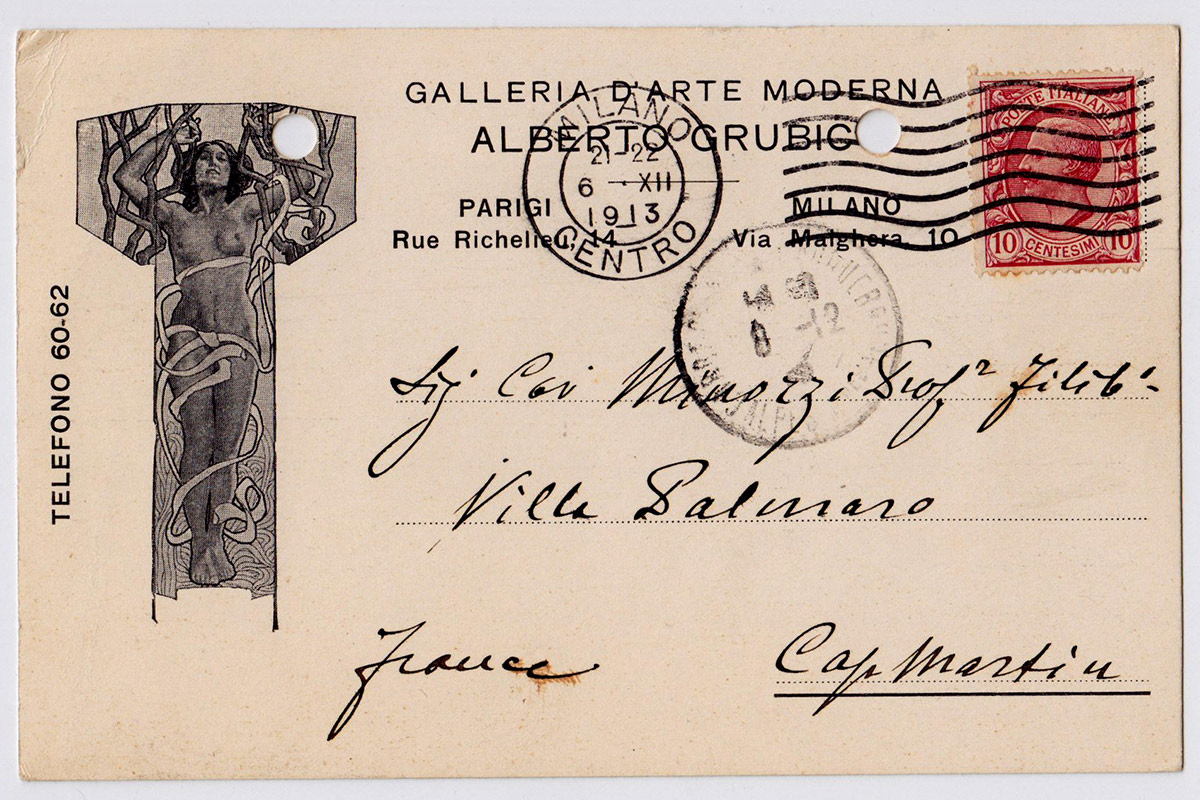 Cartolina postale – Alberto Grubicy a Filiberto Minozzi, Milano, 6 dicembre 1913
